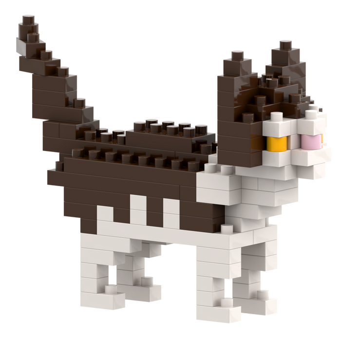 Small Zip Bag Cat by Brixies is a micro-brick kit featuring a 3D cat in brown, white, yellow, and pink. The portable set comes in a handy zip bag and builds a figure with tail raised and detailed eyes and nose.