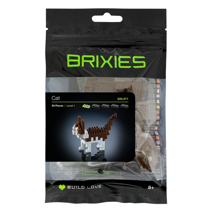 The Brixies Small Zip Bag Cat is a micro-brick construction kit for ages 8+, featuring a 3D cat figure, 93 pieces, and comes in mostly black packaging with green accents.