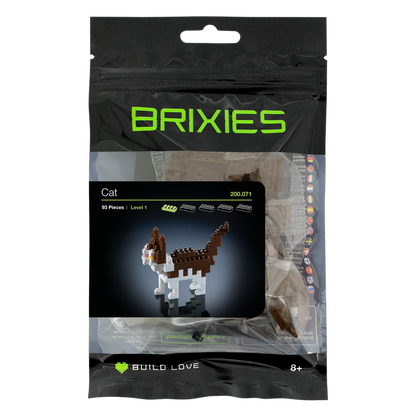 The Brixies Small Zip Bag Cat is a micro-brick construction kit for ages 8+, featuring a 3D cat figure, 93 pieces, and comes in mostly black packaging with green accents.