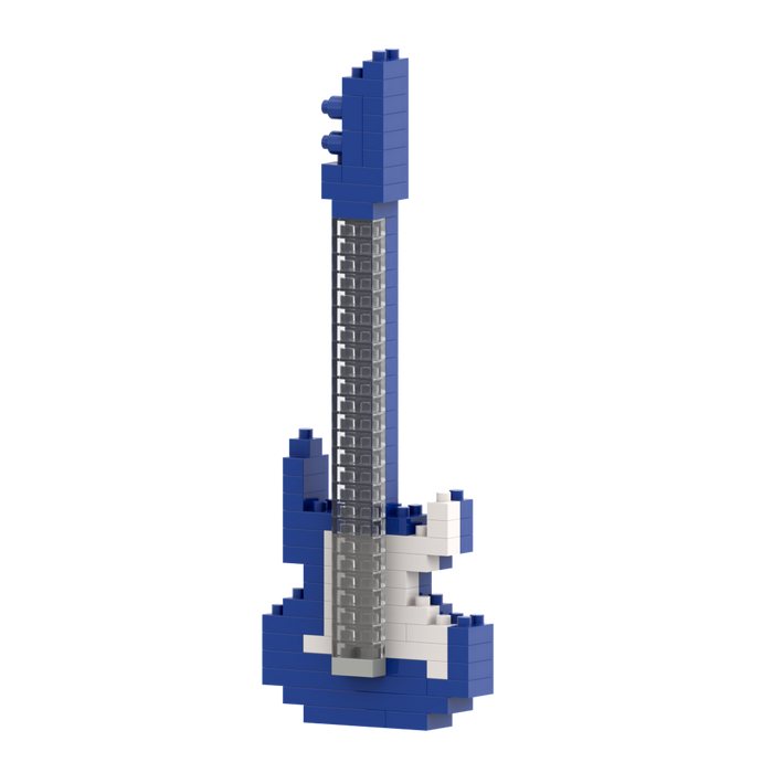 The Brixies Small Zip Bag E Guitar Blue is a model electric guitar made with blue, white, and gray micro-bricks, shown standing upright on a plain white background.