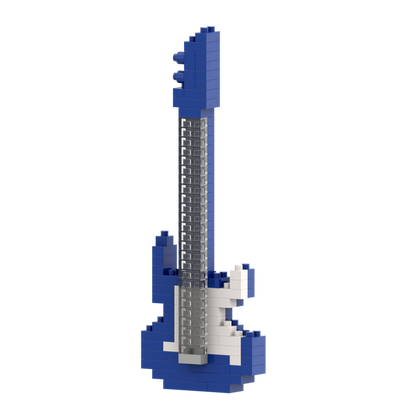 The Brixies Small Zip Bag E Guitar Blue is a model electric guitar made with blue, white, and gray micro-bricks, shown standing upright on a plain white background.