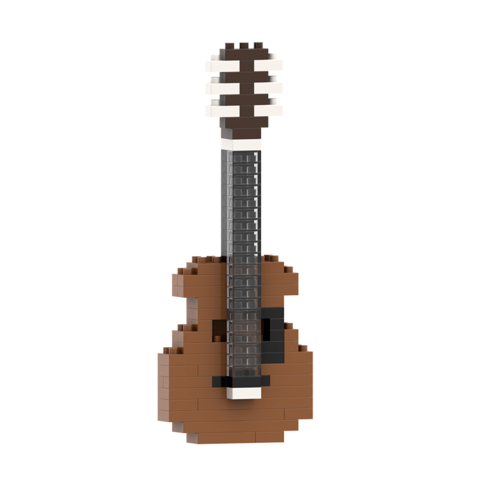 The Brixies Small Zip Bag Guitar is a detailed 3D model of a guitar built from brown, black, and white interlocking plastic bricks, displayed upright against a plain white background—a miniature musical icon.
