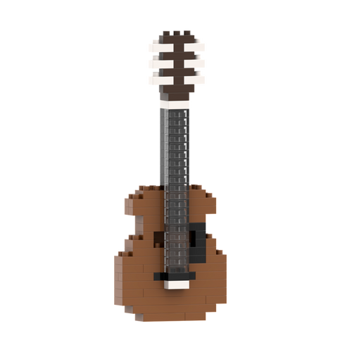 The Brixies Small Zip Bag Guitar is a detailed 3D model of a guitar built from brown, black, and white interlocking plastic bricks, displayed upright against a plain white background—a miniature musical icon.