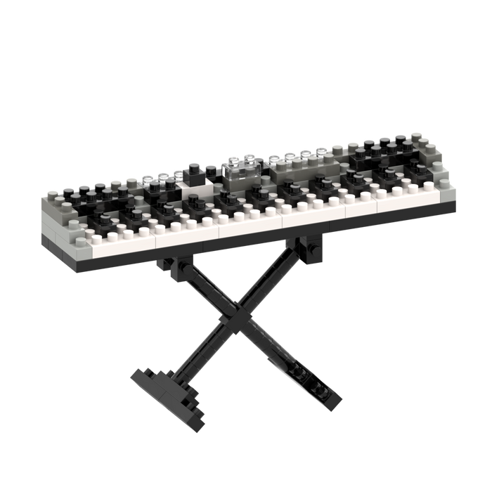 The Brixies Small Zip Bag Keyboard is a micro-brick 3D piano model with black and white keys, displayed on a black X-shaped stand against a plain white background.