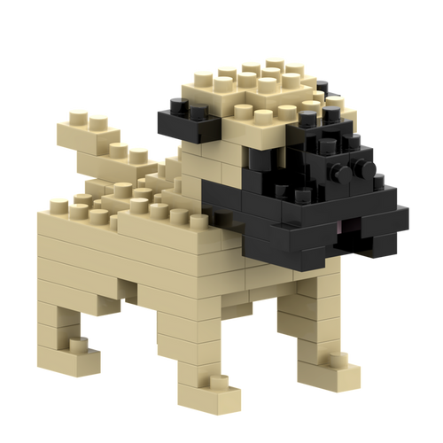 The Brixies Small Zip Bag Pug is a beige and black micro-brick construction kit that builds a 3D pug with a curled tail—perfect for dog lovers.