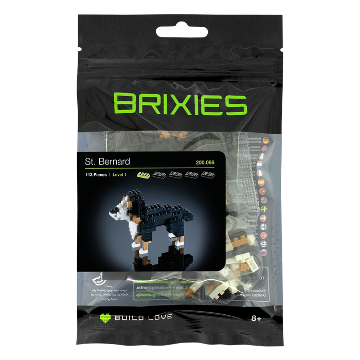 The Brixies Small Zip Bag Saint Bernard kit features 113 micro-bricks to build a dog model. Packaged in sleek black, it's Level 1 (ages 8+) with green and white text—a perfect collectible craft for builders and dog lovers.