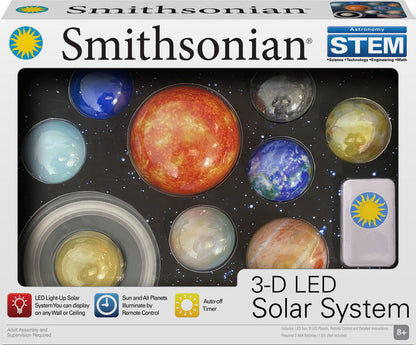 Box for Smithsonian 3D LED Solar System by Smithsonian shows glowing planets and sun on a starry background. Includes remote control, wall or ceiling display, and is labeled as a STEM gift for ages 8+.