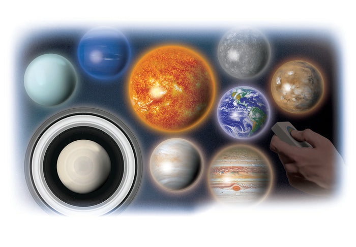 A hand with a remote points toward a collage of the Sun and eight glowing planets, plus a camera lens—showcasing the Smithsonian 3D LED Solar System by Smithsonian, an interactive STEM kit for exploring space.