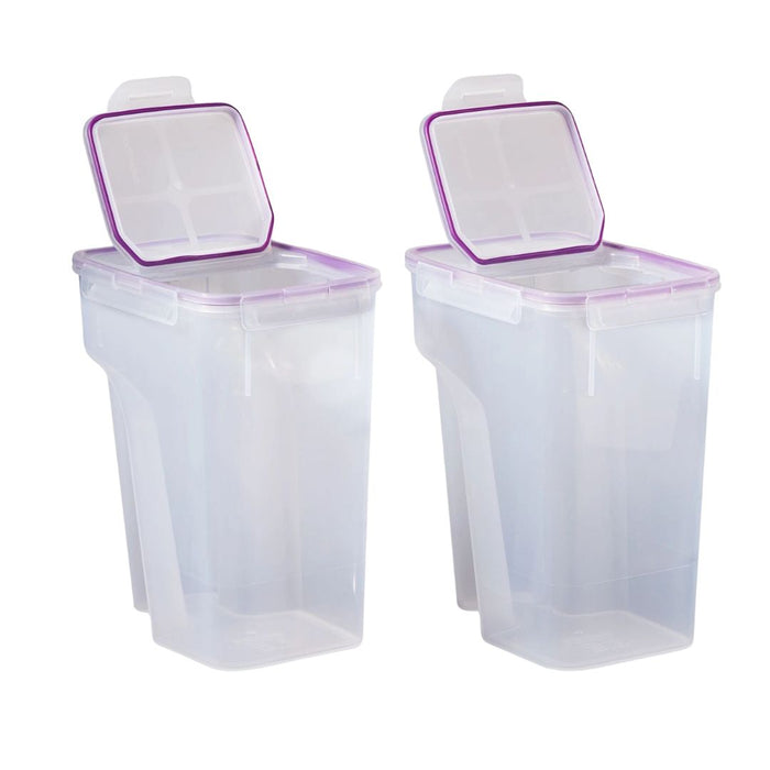 Two clear storage containers with purple lids on a white background