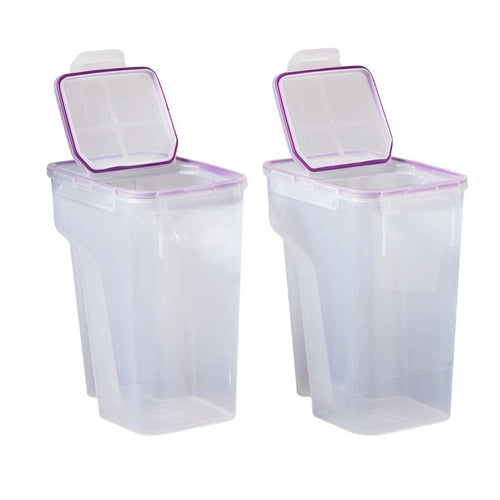 Two clear storage containers with purple lids on a white background
