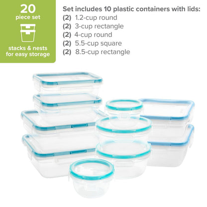 Set of 10 plastic containers with lids on a white background