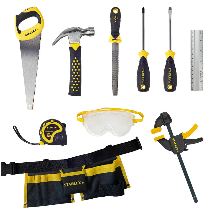 The Red Toolbox Stanley Jr. 10 Piece Toolset includes play tools—saw, hammer, rasp, screwdrivers, ruler, tape measure, safety goggles, clamp, and tool belt—all with yellow and black accents displayed on a white background.