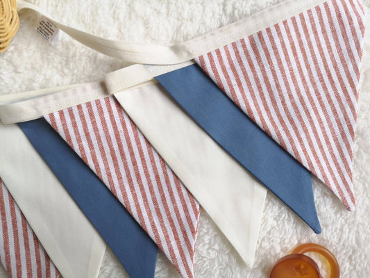 Striped Blue and Red linen pennant garland