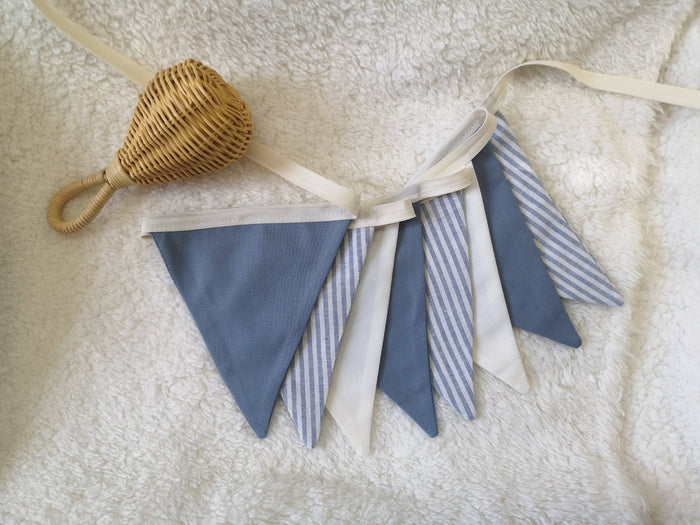 Striped Blue linen pennant garland