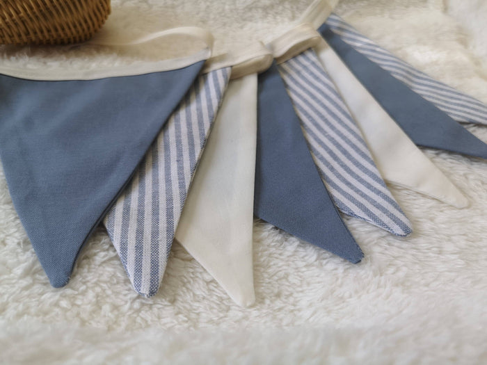 Striped Blue linen pennant garland