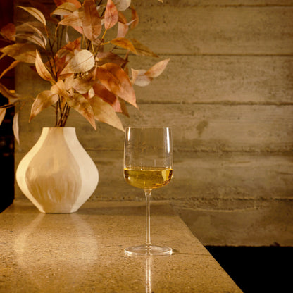 Sublime Brunello Di Montalcino red wine glass filled with white wine standing on a marble surface and a white vase with dry orange leaves in the background