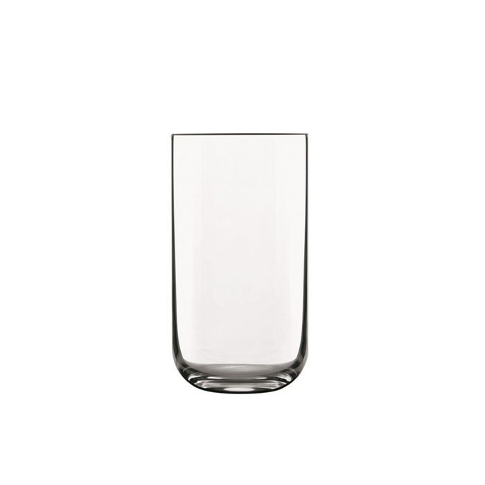 A clear Sublime Long Drink Highball glass by Luigi Bormioli on a white background