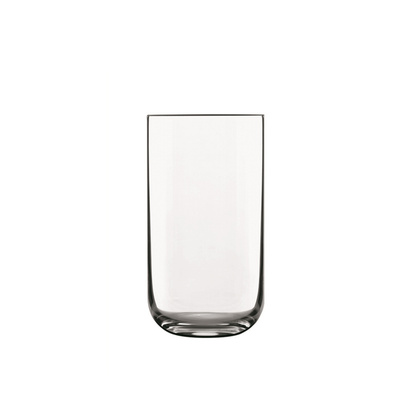 A clear Sublime Long Drink Highball glass by Luigi Bormioli on a white background