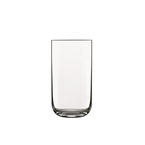 A clear Sublime Long Drink Highball glass by Luigi Bormioli on a white background