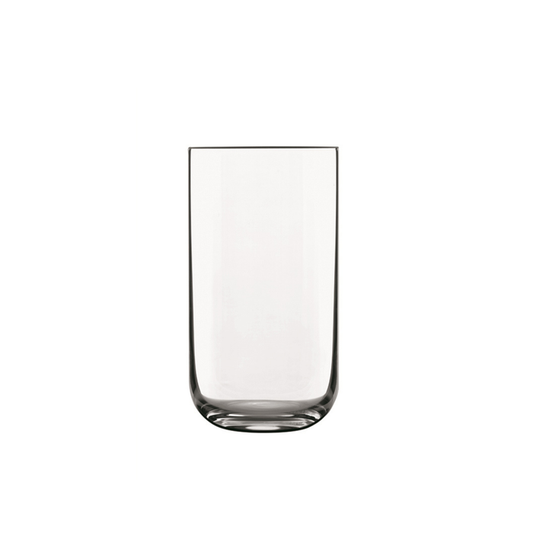 A clear Sublime Long Drink Highball glass by Luigi Bormioli on a white background