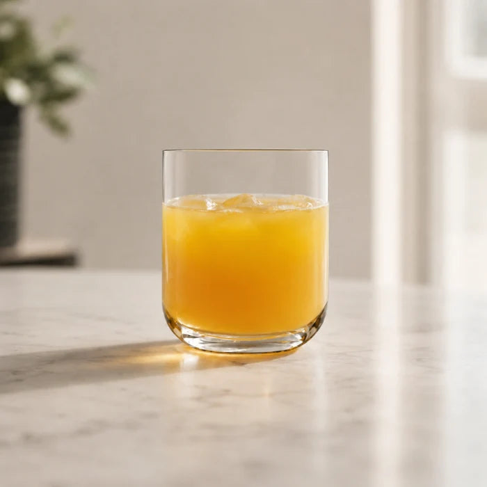 A clear lowball-style tumbler glass filled with an orange juice, set on a light marble surface in a softly blurred indoor setting.