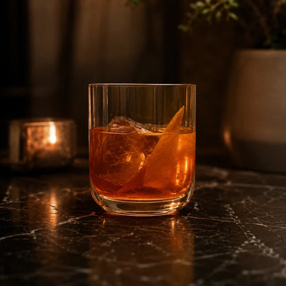 A clear lowball glass filled with an amber-orange negroni cocktail and ice, set on a dark marble surface with warm candlelight in the background.
