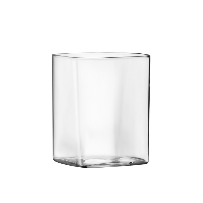 A clear Top Class Square Rocks glass by Luigi Bormioli on a white background