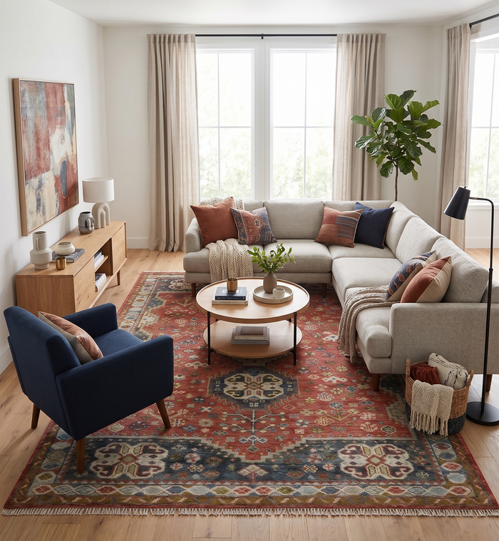 Wool area rug with Mamluk pattern in rust, charcoal, and beige, flatwoven border