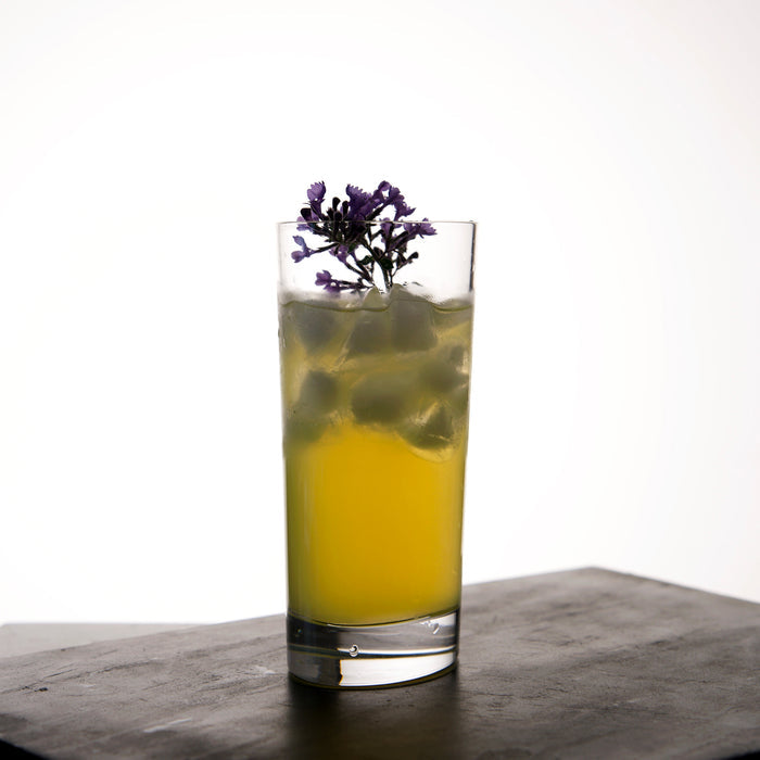 Veronese Highball Glass filled with a yellow cocktail and garnished with purple flower standing on a dark surface and a light background