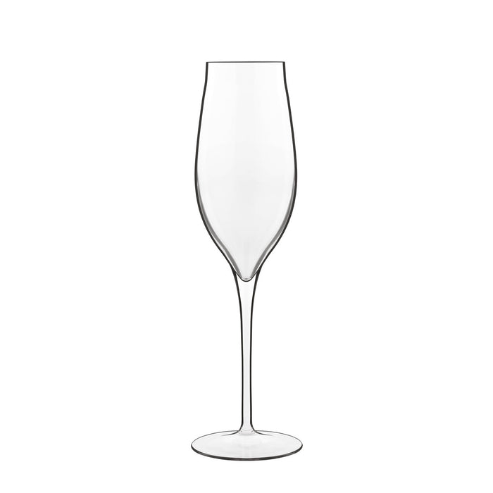 A clear Vinea Prosecco flute glass for sparkling wine with a tapered design, and a thing pulled stem, made from high-tech crystal glass