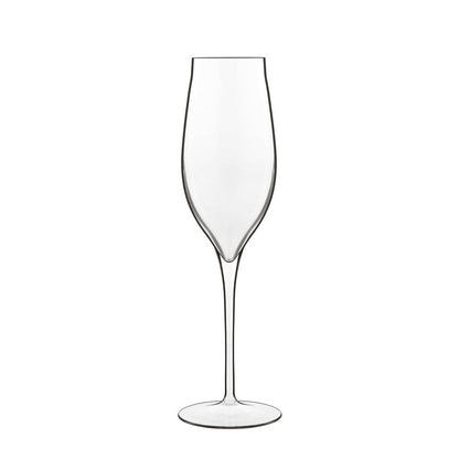 A clear Vinea Prosecco flute glass for sparkling wine with a tapered design, and a thing pulled stem, made from high-tech crystal glass