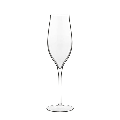 A clear Vinea Prosecco flute glass for sparkling wine with a tapered design, and a thing pulled stem, made from high-tech crystal glass
