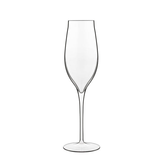 A clear Vinea Prosecco flute glass for sparkling wine with a tapered design, and a thing pulled stem, made from high-tech crystal glass