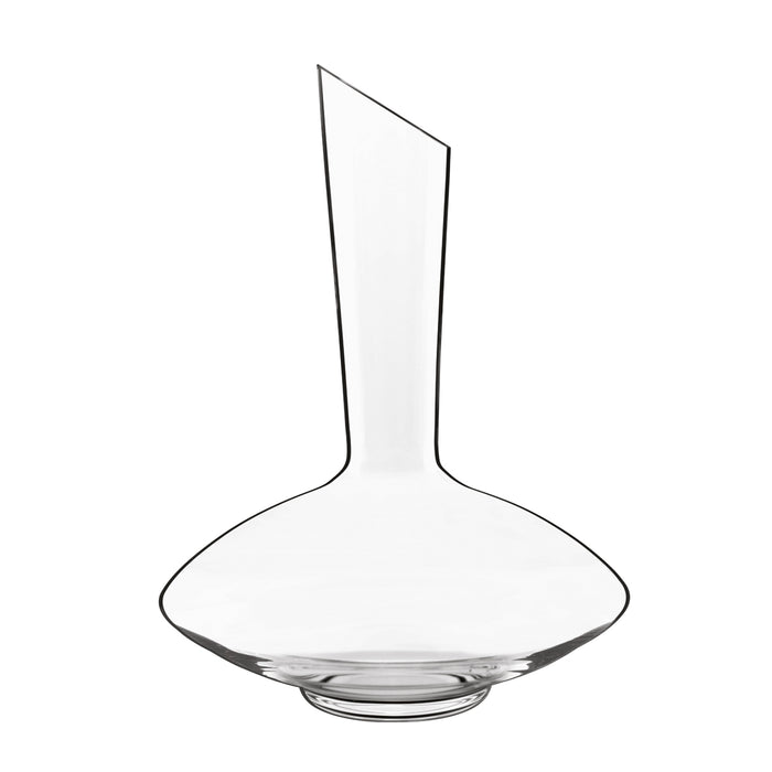 A clear Vinea glass wine decanter with a narrow neck and a wide base, designed for oxygenating and serving red wine, on a white background
