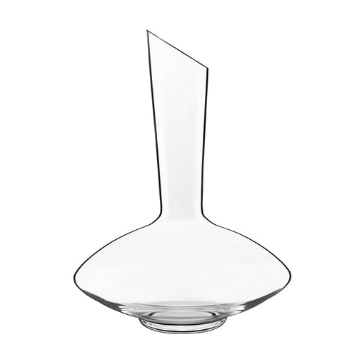 A clear Vinea glass wine decanter with a narrow neck and a wide base, designed for oxygenating and serving red wine, on a white background