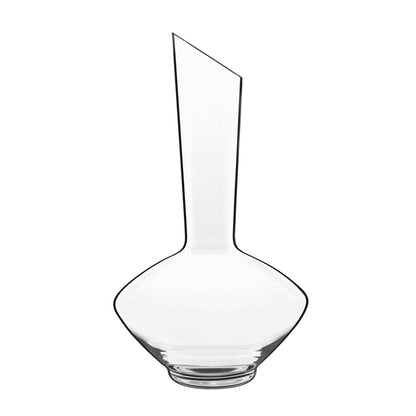 A clear Vinea glass wine decanter with a narrow neck and a wide base, designed for oxygenating and serving wine on a white background