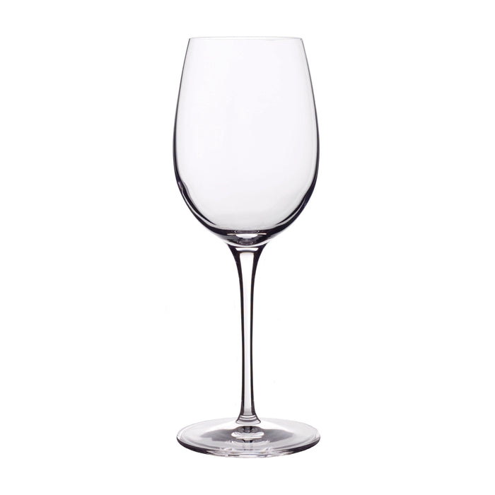 A clear Vinoteque Fragrante red wine glass with a long pulled stem, and thin rims, made from high-tech crystal glass on a white background