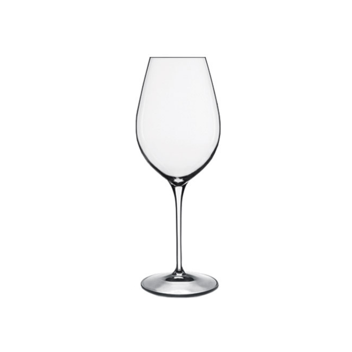 A clear Vinoteque Fresco Red & White Wine glass by Luigi Bormioli on a white background