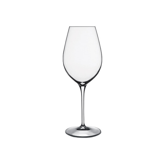 A clear Vinoteque Fresco Red & White Wine glass by Luigi Bormioli on a white background