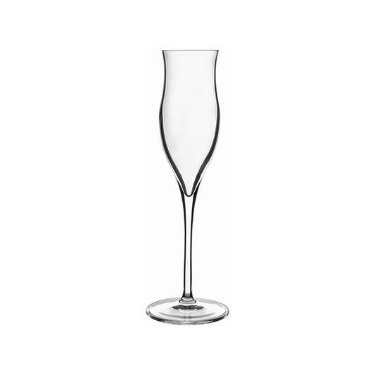 A clear Vinoteque Grappa & Brandy Tasting glass by Luigi Bormioli on a white background