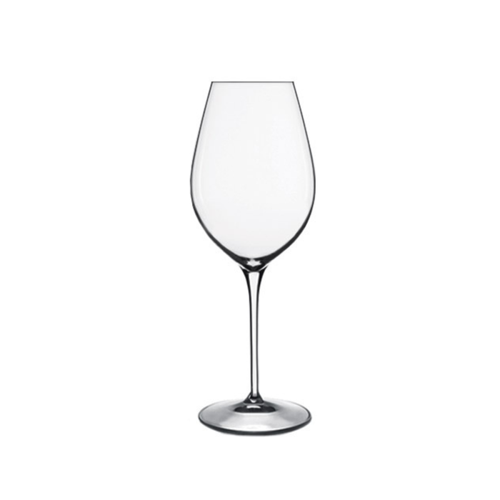 A clear Vinoteque Maturo White Wine glass by Luigi Bormioli on a white background