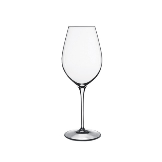 A clear Vinoteque Maturo White Wine glass by Luigi Bormioli on a white background