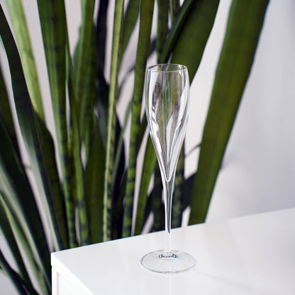 Empty Vinoteque Flute standing on a white surface with a plant in the background