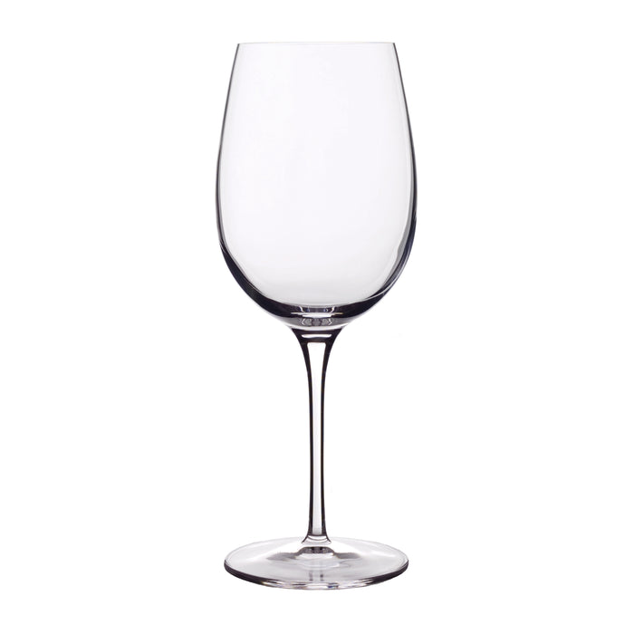 A clear, Vinoteque Ricco red wine glass with a round shape and a long stem and flat foot, made from high-tech crystal glass on a white background