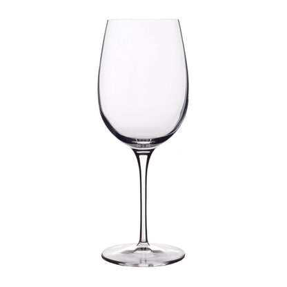 A clear, Vinoteque Ricco red wine glass with a round shape and a long stem and flat foot, made from high-tech crystal glass on a white background