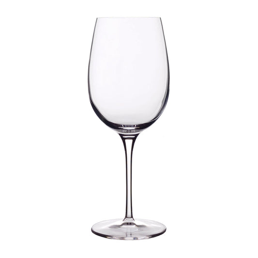 A clear, Vinoteque Ricco red wine glass with a round shape and a long stem and flat foot, made from high-tech crystal glass on a white background