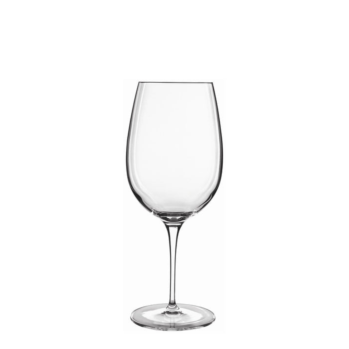 A clear Vinoteque Riserva red wine glass, with a round shape and a thin stem and rims, made from high-tech crystal glass on a white background.
