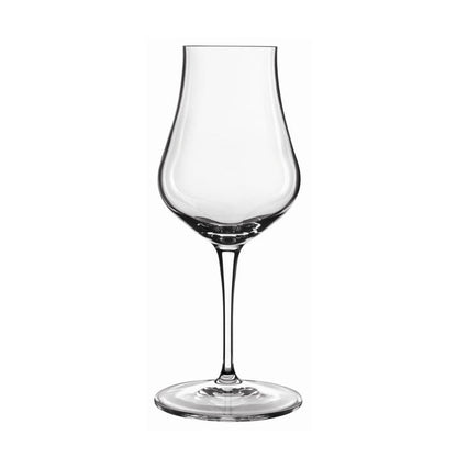 A clear Vinoteque Snifter glass with a long stem and a narrow tulip bowl, designed for spirits tasting made from high-tech crystal glass on a white background