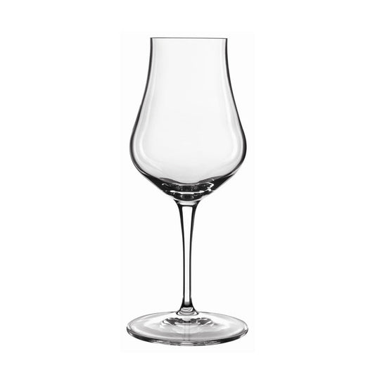 A clear Vinoteque Snifter glass with a long stem and a narrow tulip bowl, designed for spirits tasting made from high-tech crystal glass on a white background