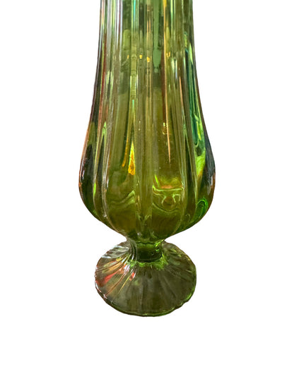 Vintage MCM  LE Smith  15.5" Swung Glass Green Ribbed  Pedestal Vase